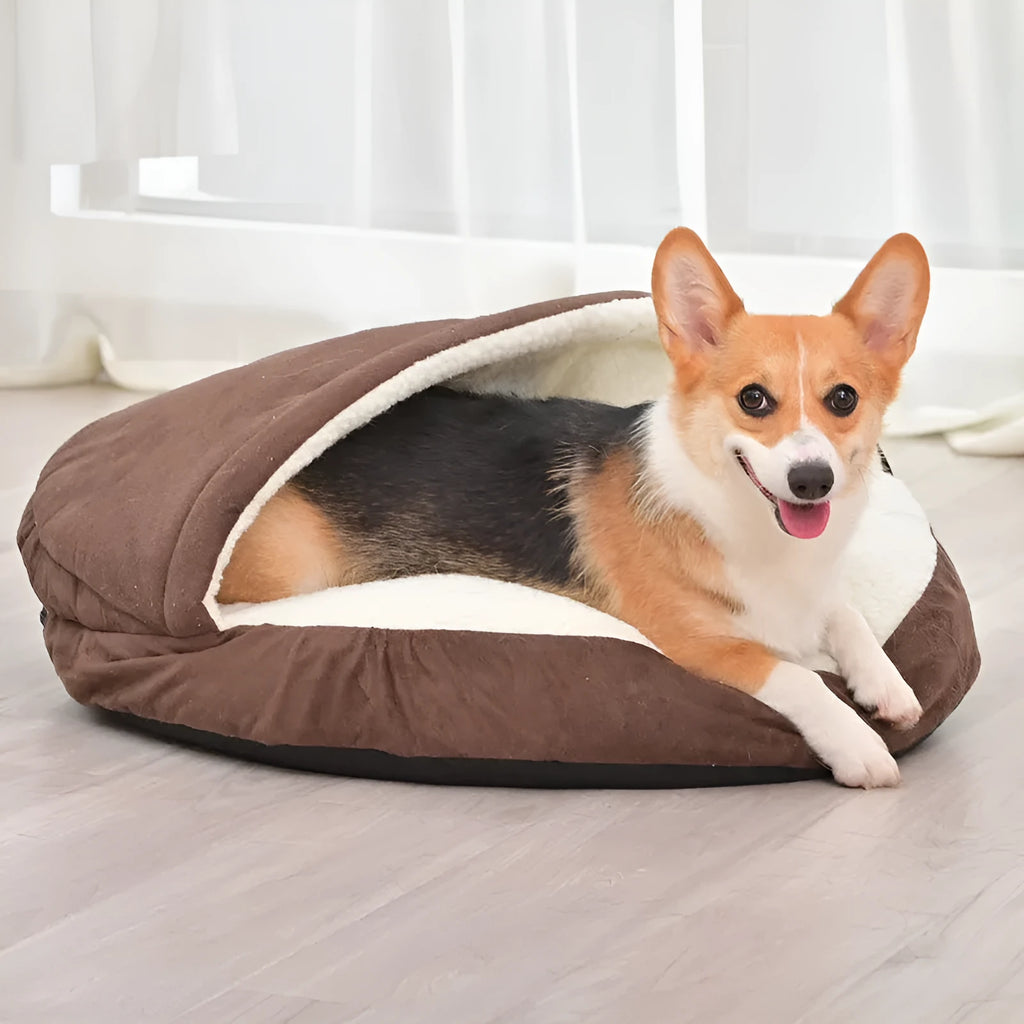 Removable washable cloth dog kennel in brown and grey, available in S and M sizes
