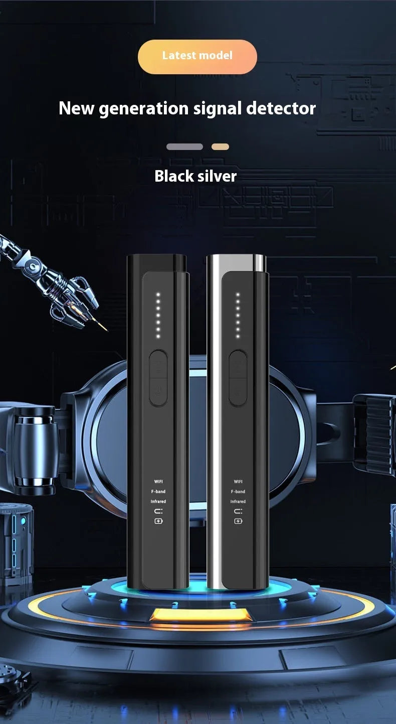 Black or silver plastic Signal Search anti-spy camera detector showing its compact size.