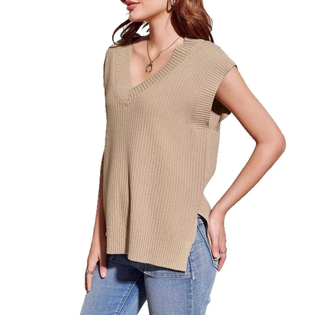Camel coloured V-neck sleeveless pullover vest with striped pattern and loose fit