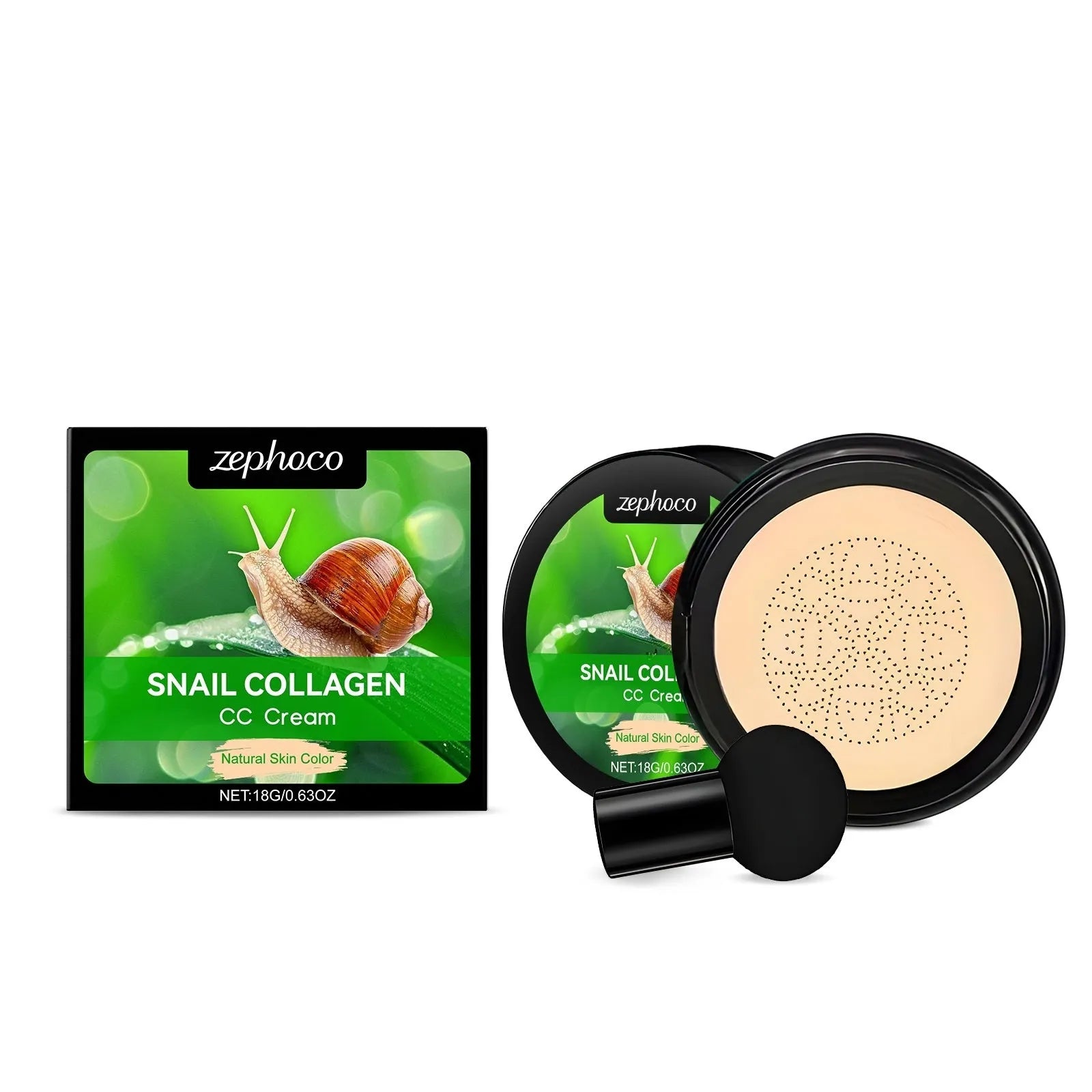 ZEPHOCO CC cream tube and mushroom powder puff in ivory white or natural colour