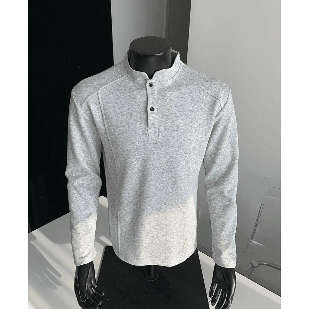 Men's polo shirt with stand-up collar and patchwork shoulder detail in loose fit