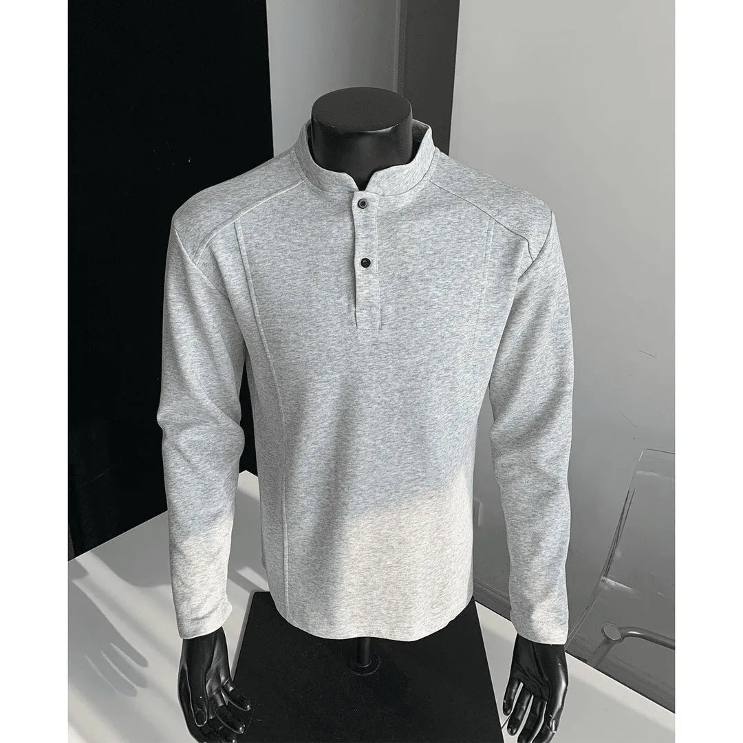 Men's polo shirt with stand-up collar and patchwork shoulder detail in loose fit