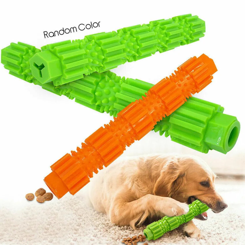 Green rubber dog chew toy with treat dispensing holes for aggressive chewers