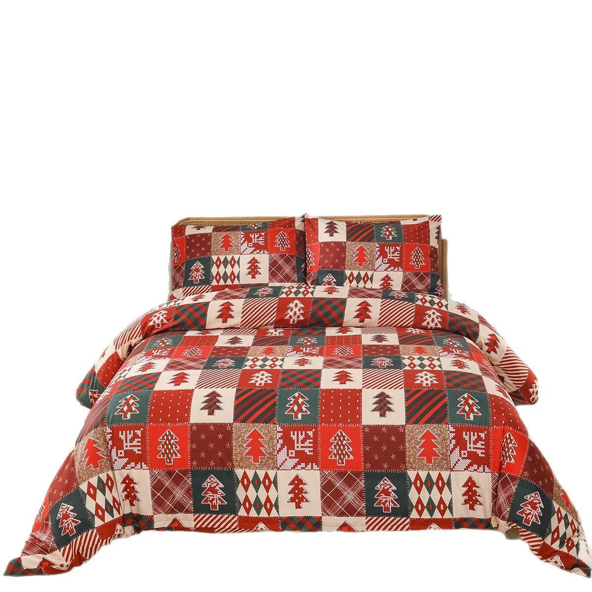 Red and white plaid Christmas bedding three-piece set including quilt cover and pillowcases
