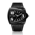 Men's brown casual watch with a patterned triangle belt strap and quartz dial.