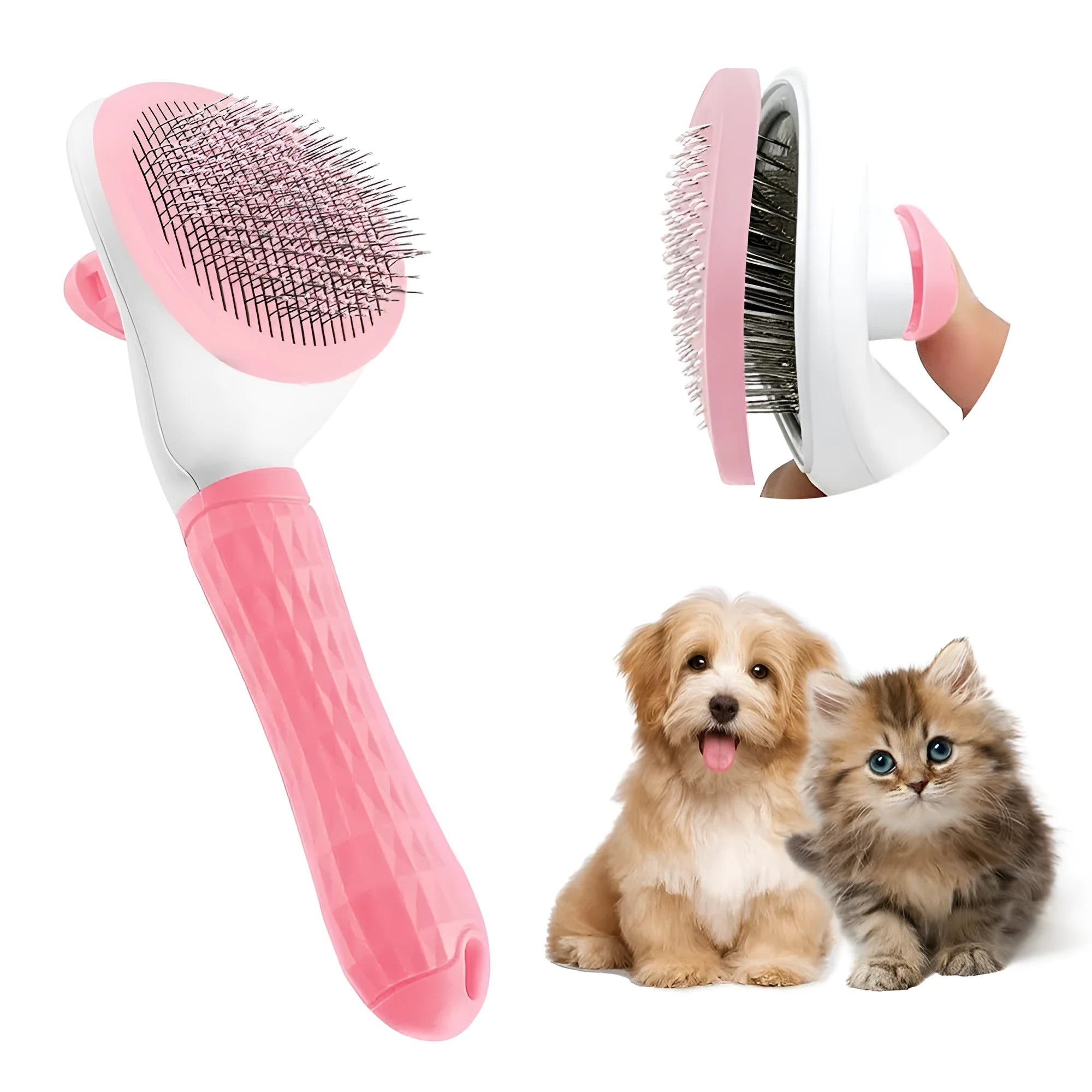 Cat grooming brush with release button in blue, grey, or pink colours for removing loose fur and tangles