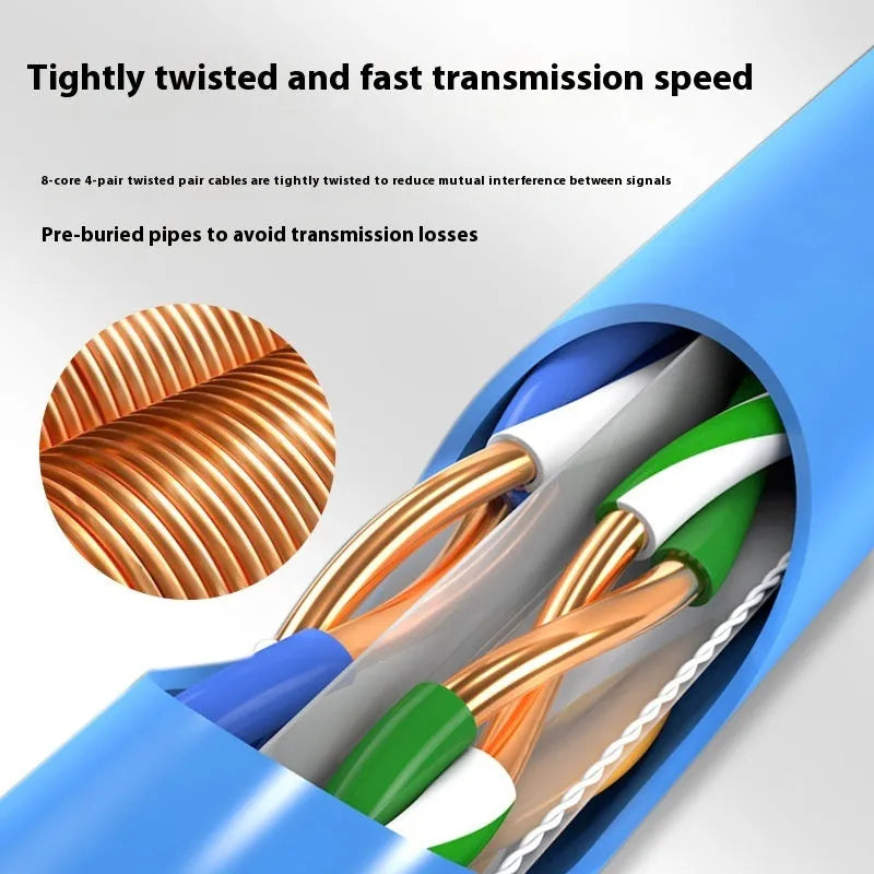 A box of blue 305-metre long Cat6/Cat6a oxygen-free copper network cable on a reel.