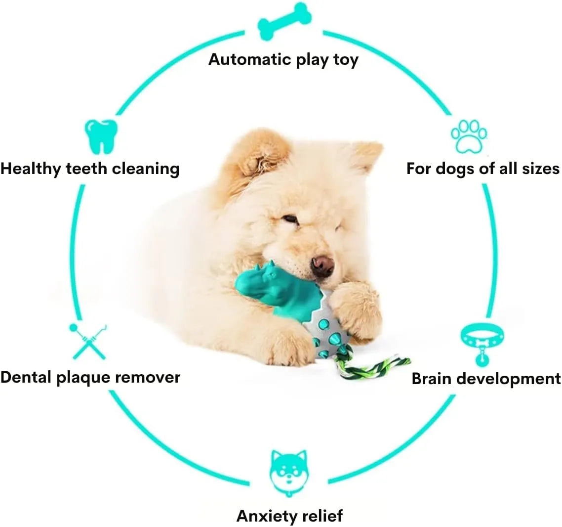 Blue dinosaur-shaped dog chew toy with rope element for aggressive chewers
