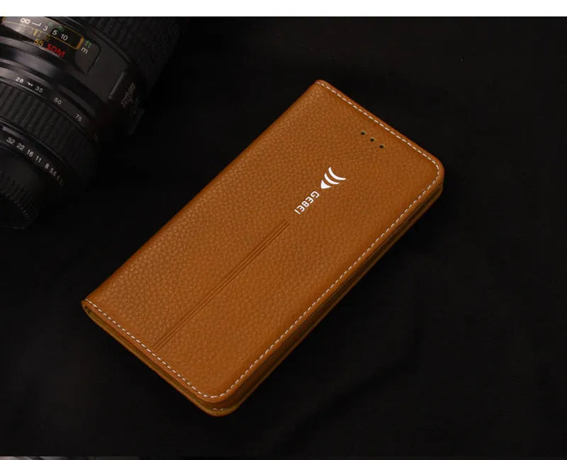 Black PU leather business wallet case for iPhone X showing card slot and cash compartment.