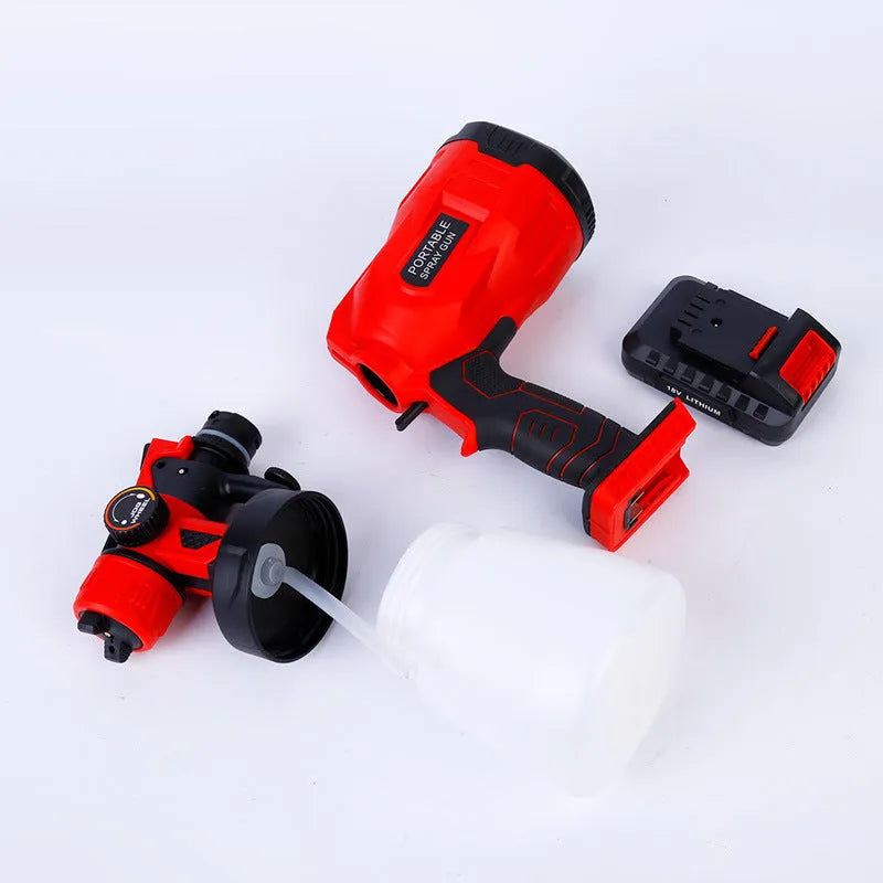 Cordless paint spray gun with blue housing and 800ml paint container showing 1.8mm nozzle