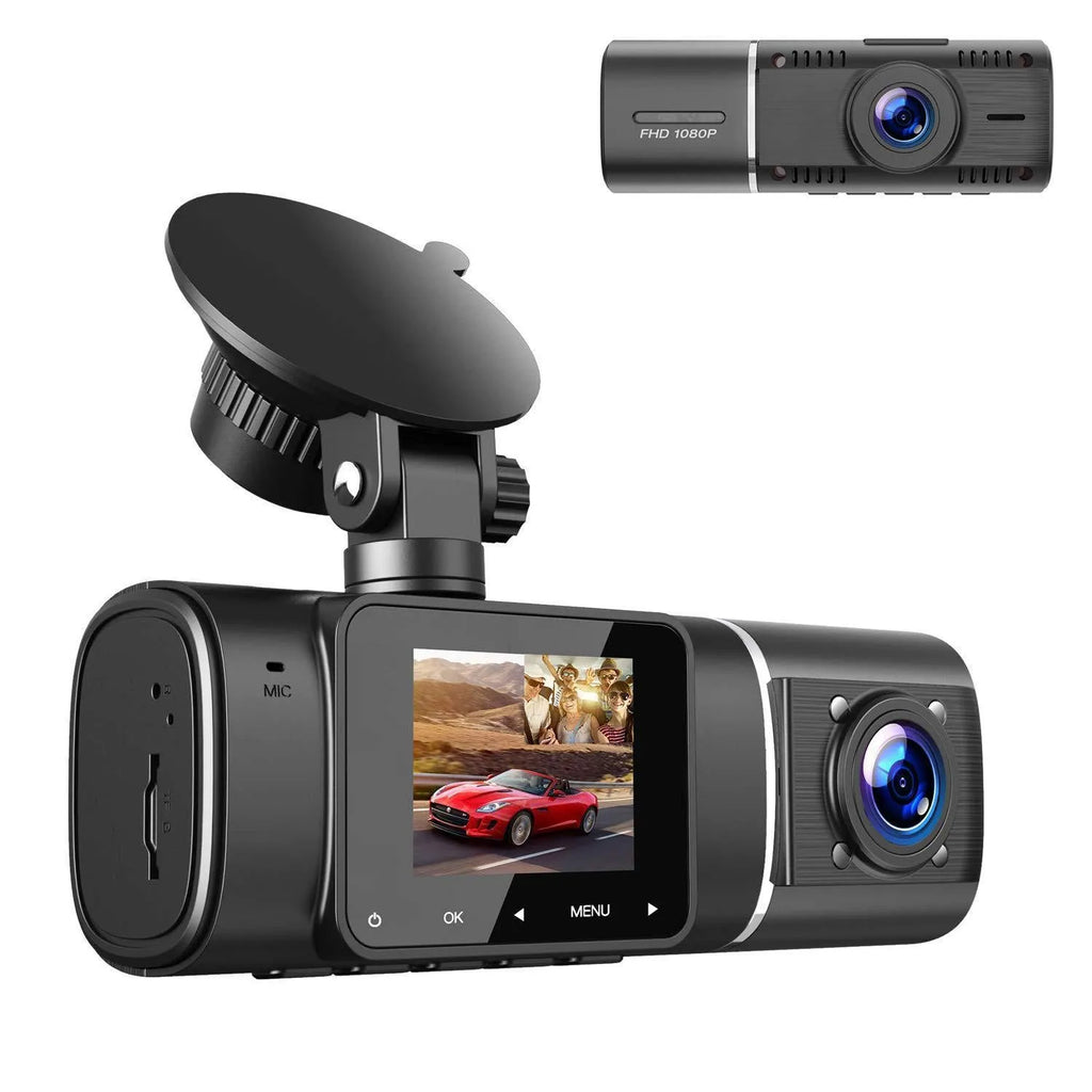 Black dual-channel dash cam on a car windscreen with front and rear recording, 1.5-inch screen.