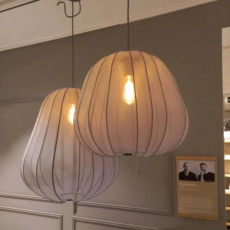 Japanese-style net pumpkin ceiling lamp in grey blue with branch design and LED lighting