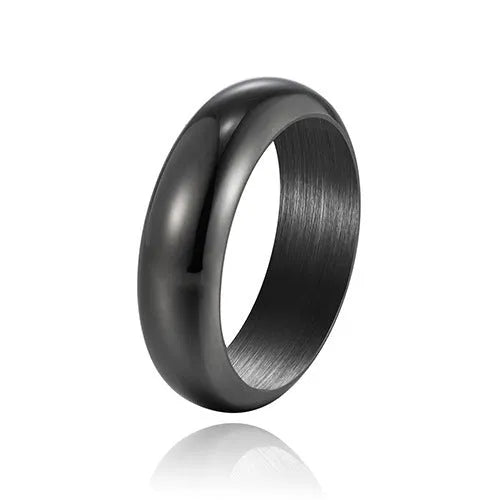 Glossy electroplated titanium steel ring shown in gold, black, and steel colour options.