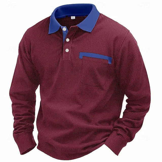 Men's long-sleeved waffle polo shirt in solid colour with asymmetric design details