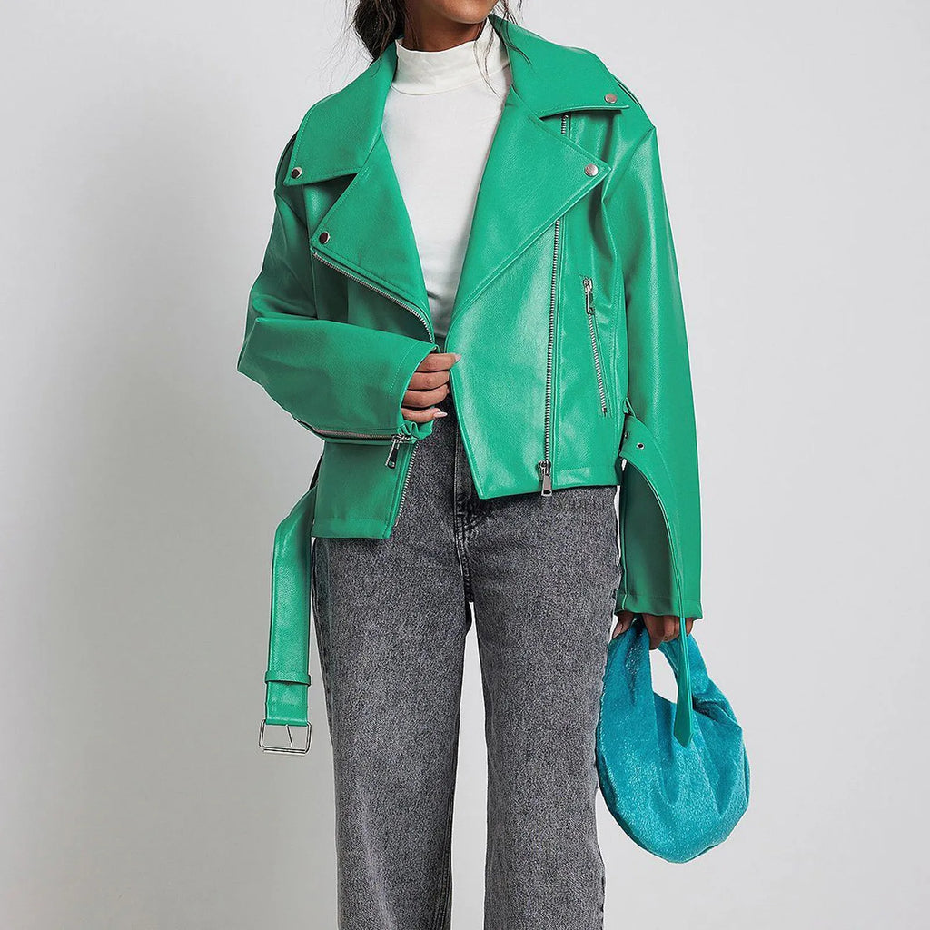 Black punk locomotive style jacket with short belt lapel and Peter Pan collar