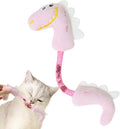 Set of four cat toys including chew toys, springs, rope toys, and kicker toys in pink, purple and yellow colours