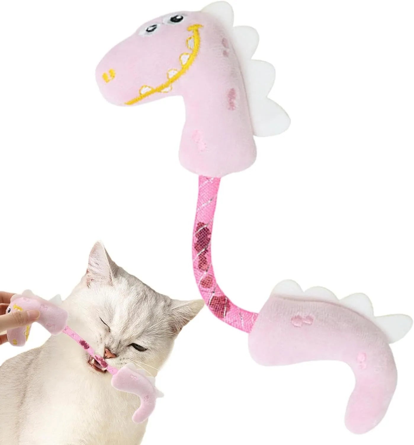 Set of four cat toys including chew toys, springs, rope toys, and kicker toys in pink, purple and yellow colours