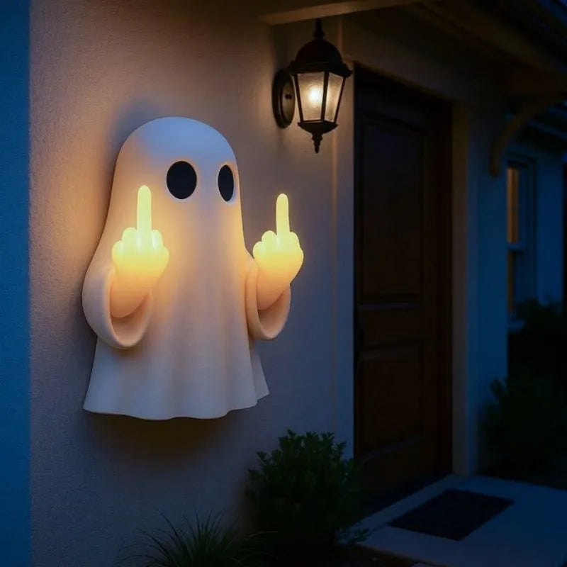 White Halloween ghost night lamp with cute statue design on black background