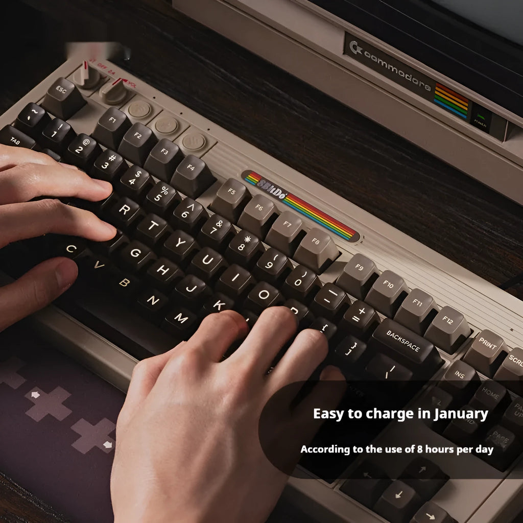 Retro87 C64 mechanical gaming keyboard with rocker design and wireless Bluetooth connectivity