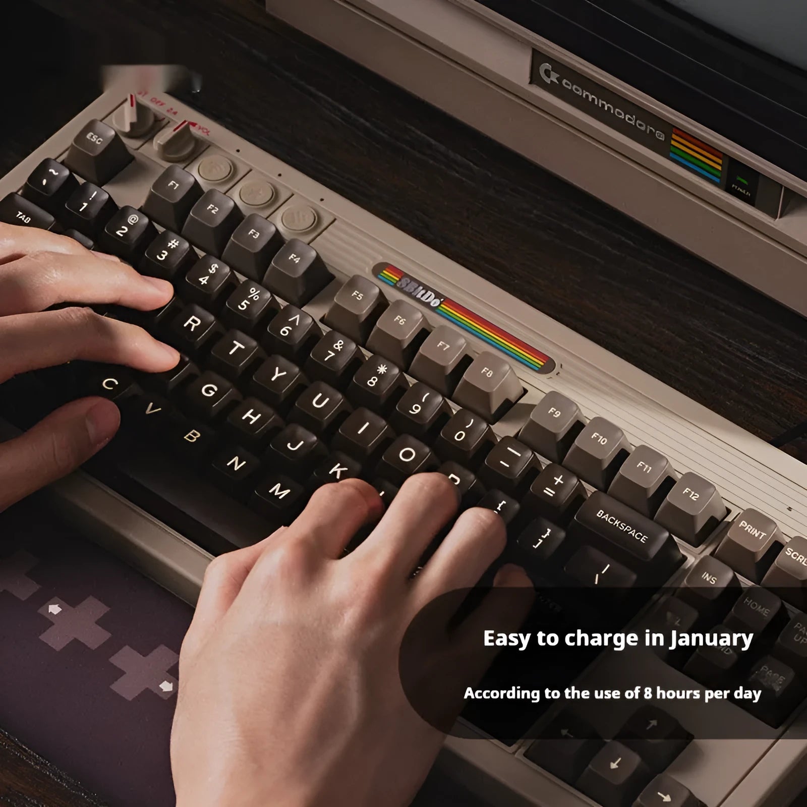 Retro87 C64 mechanical gaming keyboard with rocker design and wireless Bluetooth connectivity