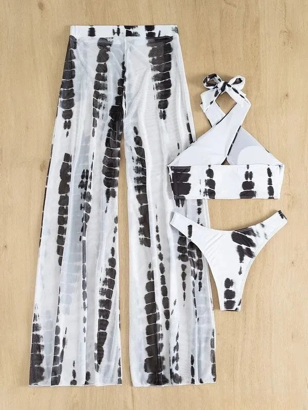 Women's three-piece swimsuit set with printed bikini and mesh trousers in quick-drying fabric