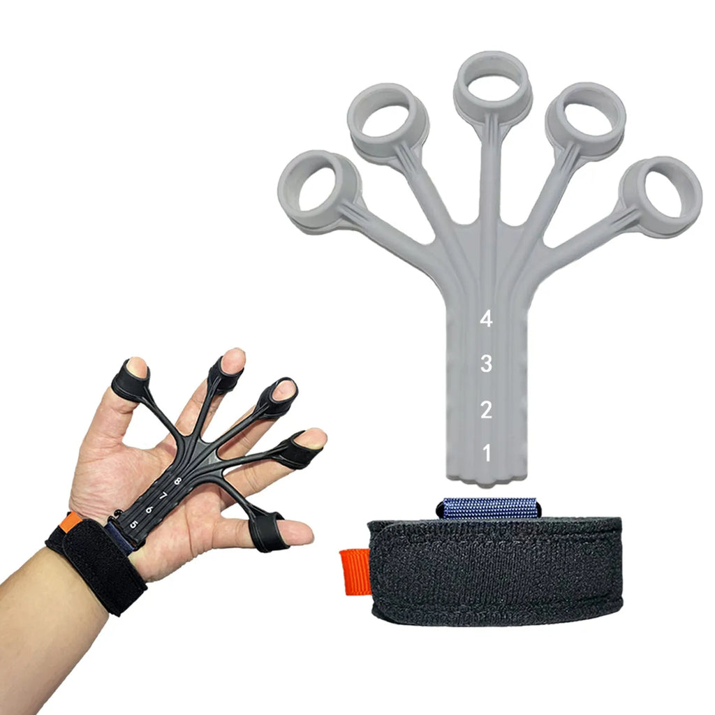 Black silicone finger flexion and extension trainer with adjusting belt for hand therapy