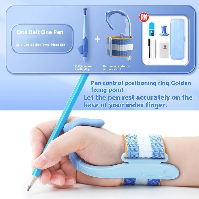 Anti-hook holder pen control corrector wrist brace for handwriting improvement in blue colour