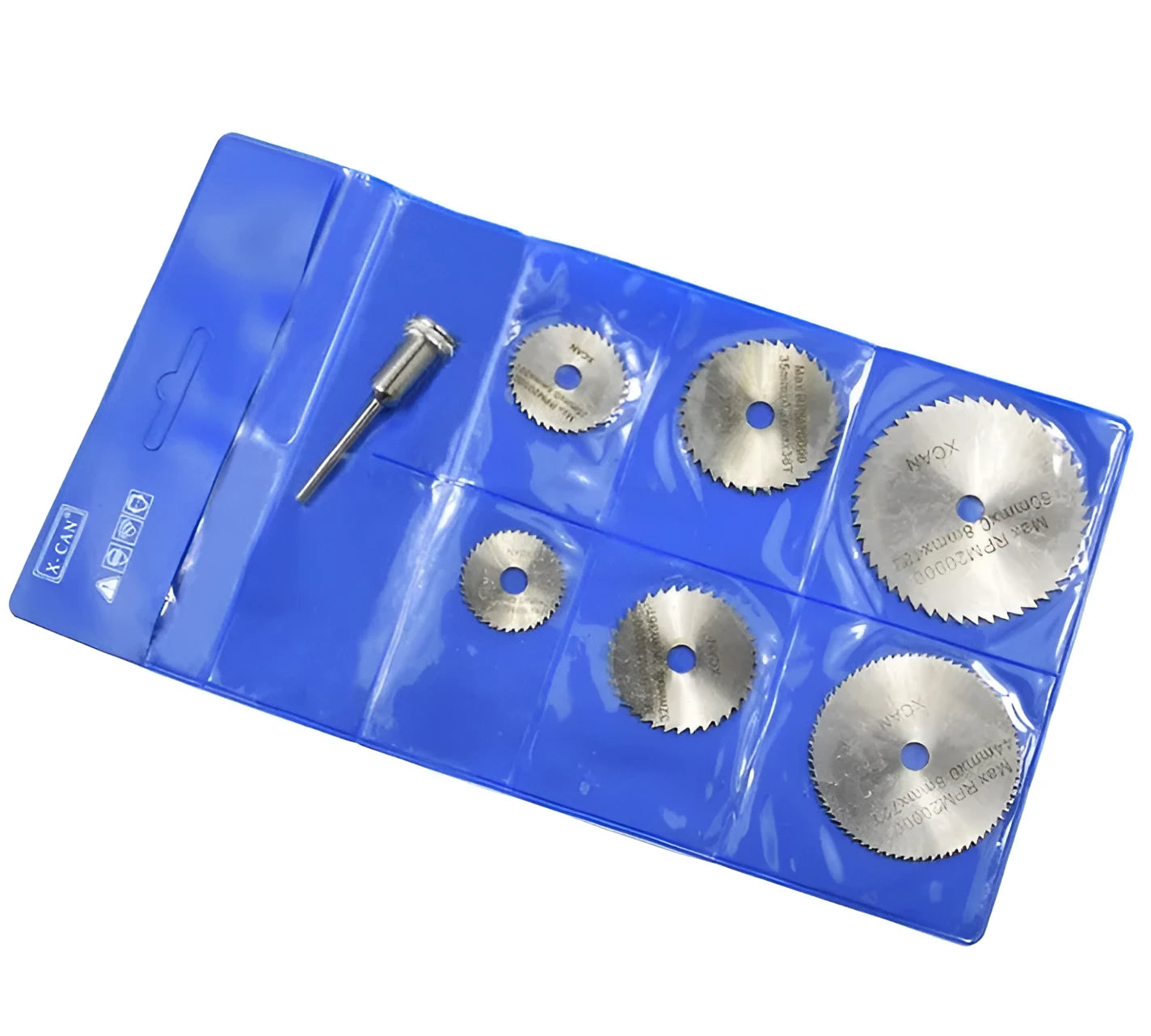 Six circular saw blades and mandrel set for woodworking with high-speed steel construction