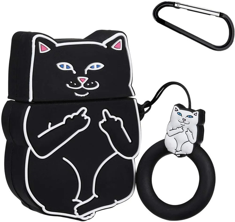 Silicone flip-case for AirPods 2 with cartoon designs including avocado, black cat, stitch, and pokeball.