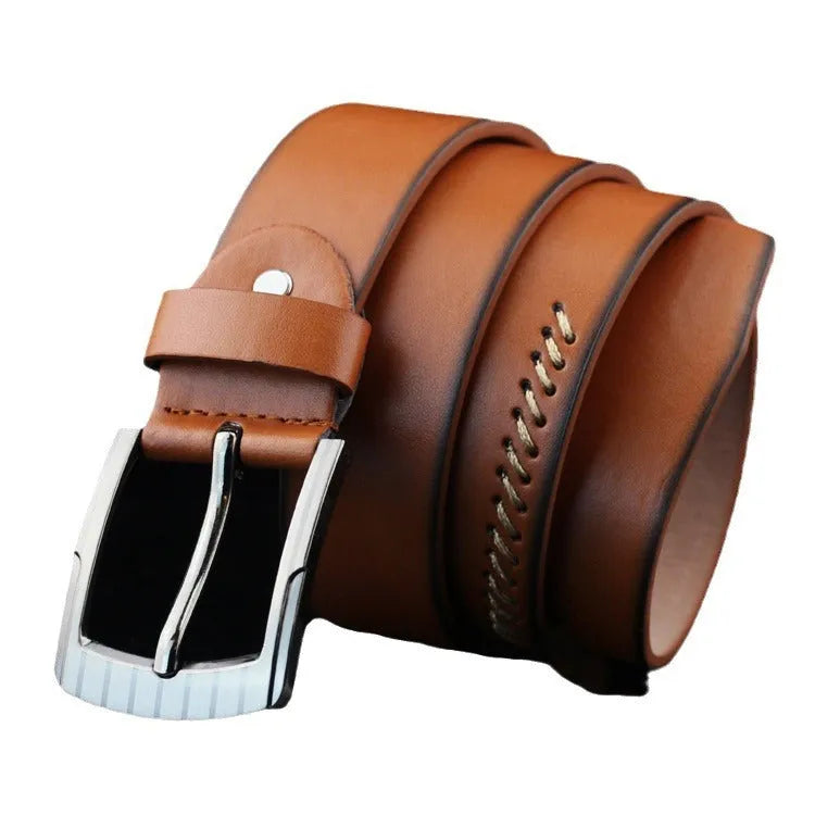 Men's threading casual belt with alloy pin buckle in black colour showing retro pattern design