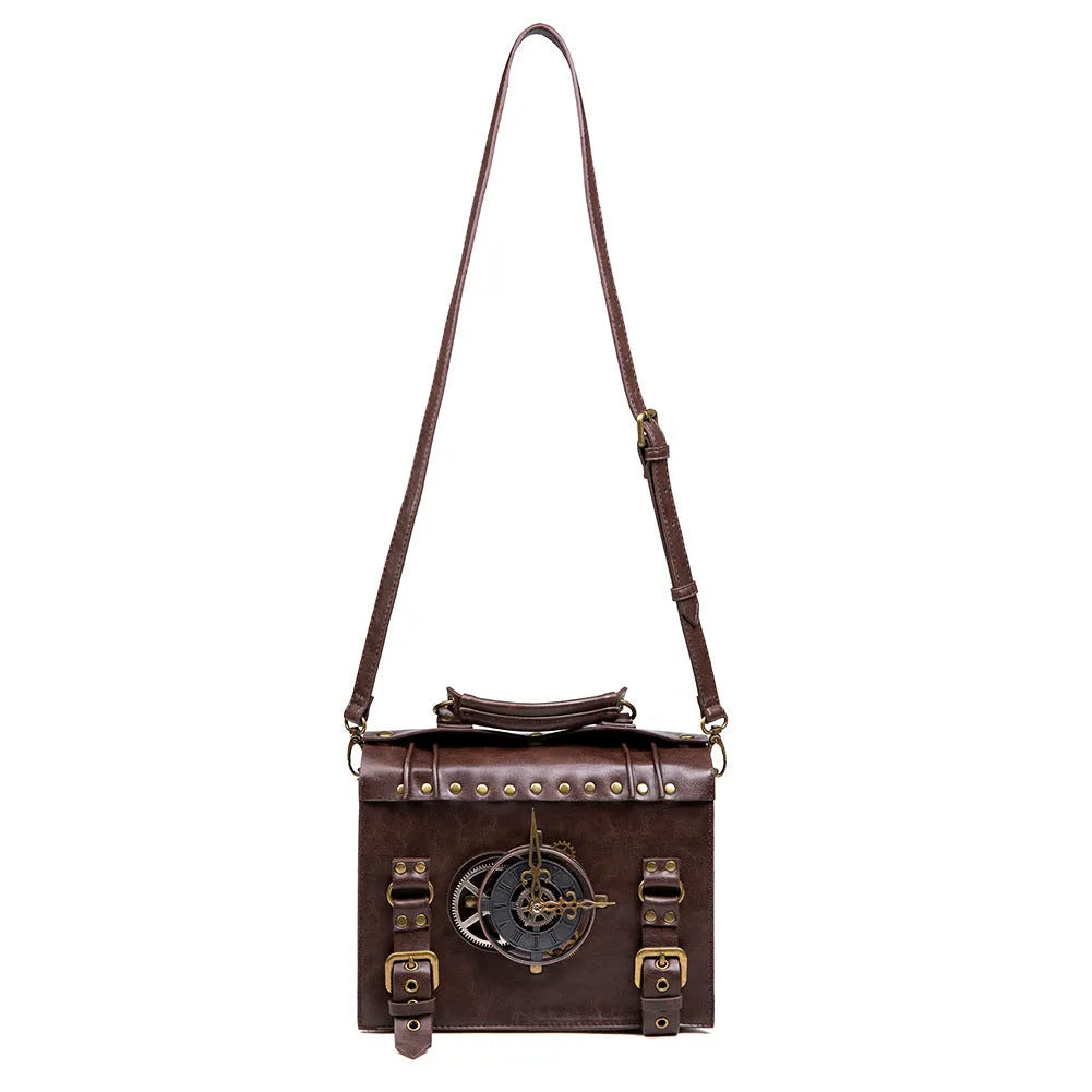 Bronze steampunk industrial retro style shoulder bag showing metal hardware details and pillow bag shape