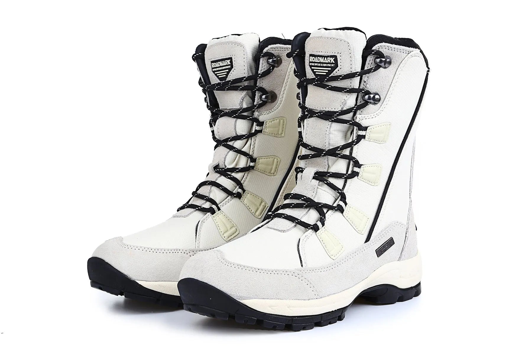 Women's mid-calf genuine leather snow boots in black with a round toe and rubber sole.