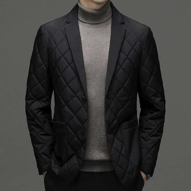 Men's solid colour lapel down jacket in cardigan style with side seam pockets.