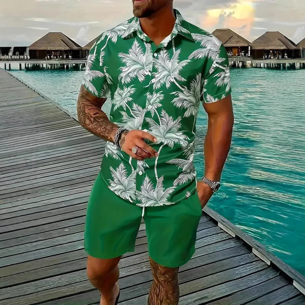 Men's 3D printed Hawaii-style short sleeve top and matching shorts casual summer suit