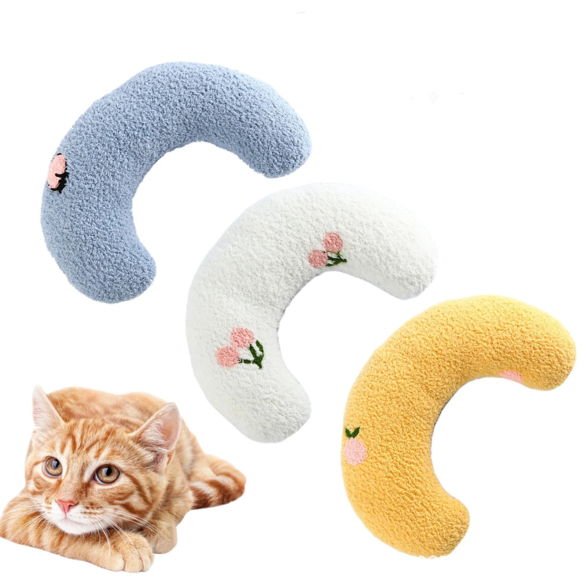 Small blue U-shaped plush pillow for cats or small dogs on a white background.