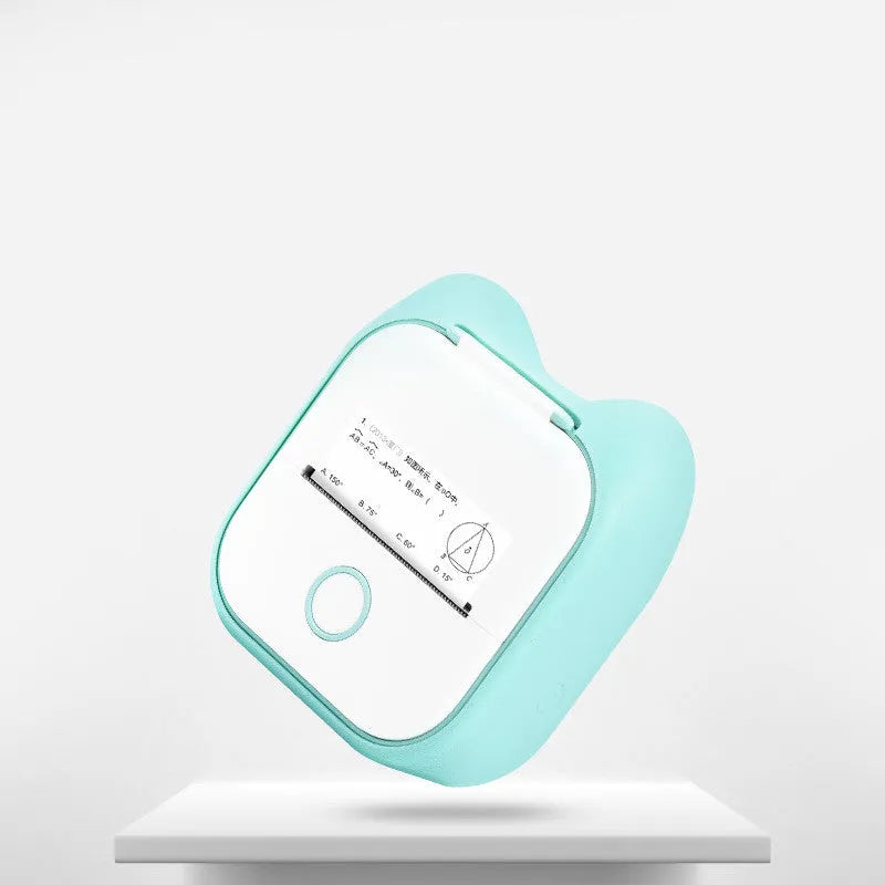 Phomemo T02 mini thermal label printer in white with Bluetooth icon and thermal paper roll, compact 87mm x 90mm x 40mm