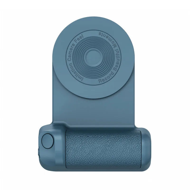 Black magnetic phone holder with ergonomic camera-style grip showing rotatable stand function