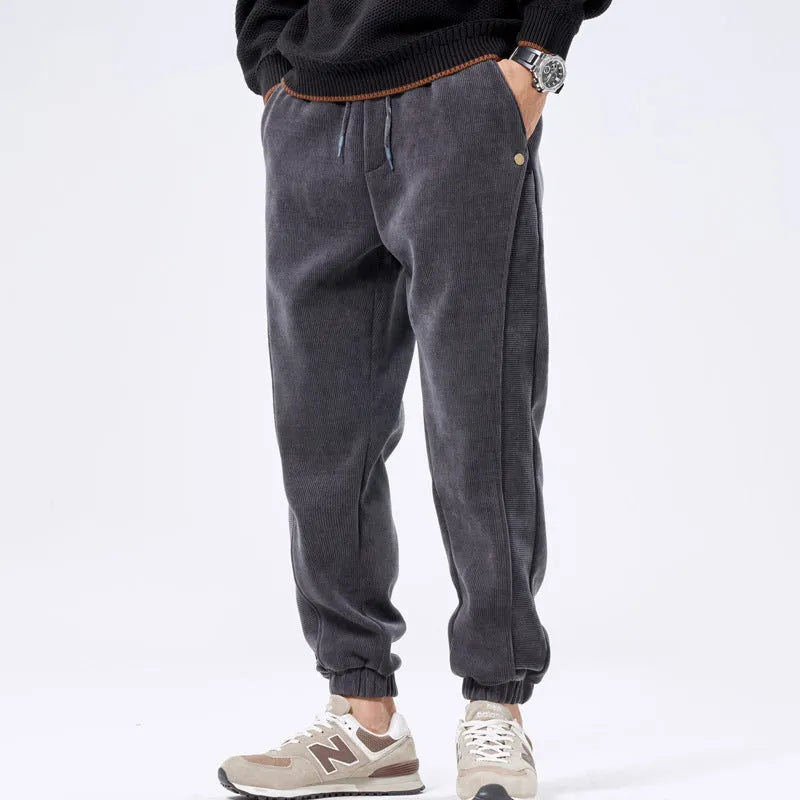Men's corduroy ankle-tie casual sports pants, retro Japanese style, polyester, solid colour
