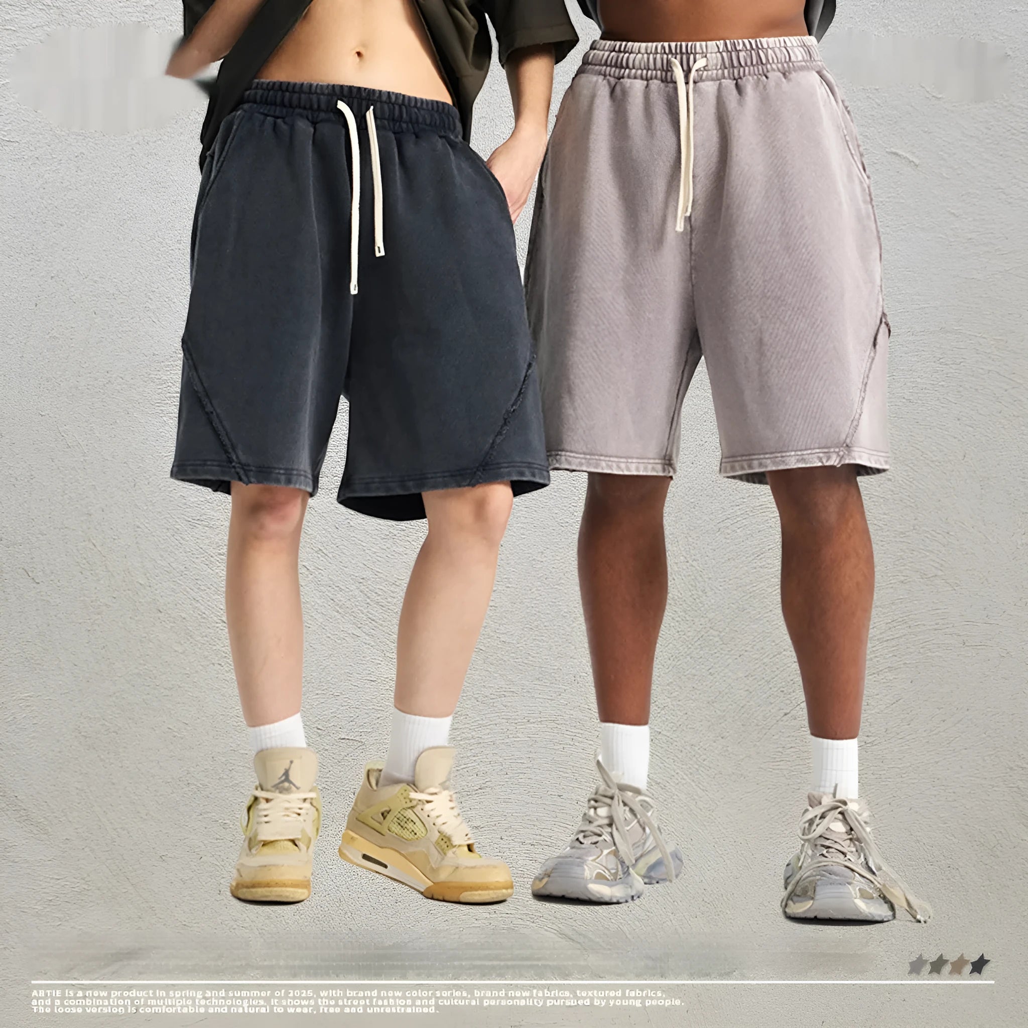 Men's batik washed patch craft shorts in pure cotton terry fabric with loose retro street style fit