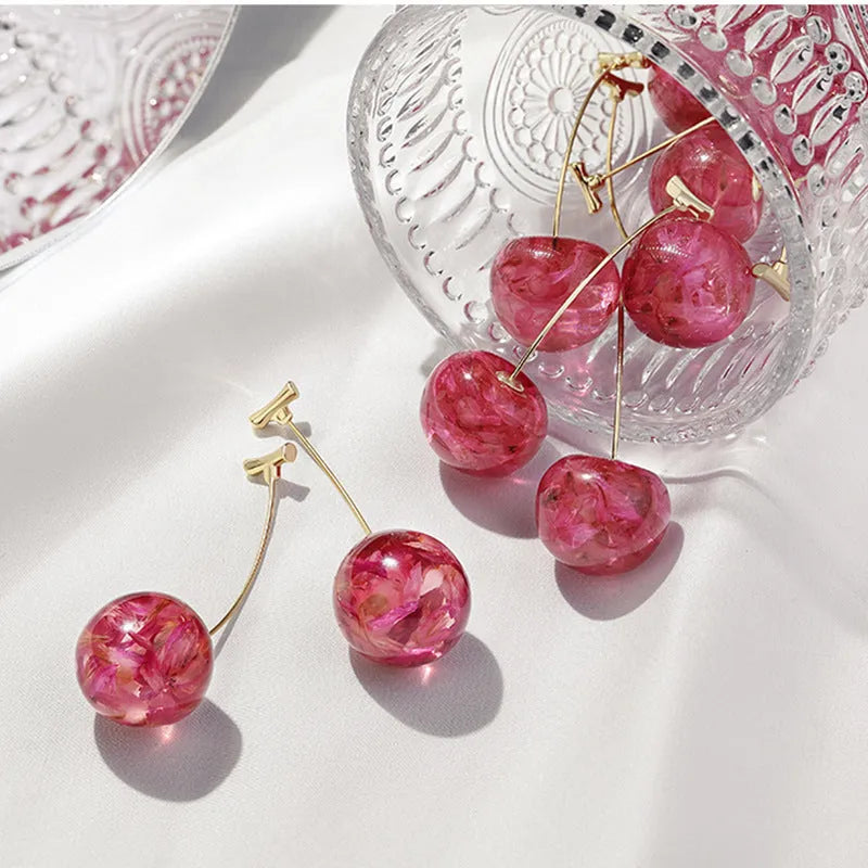 Red alloy cherry earrings with a long sweet fashionable drop design for women