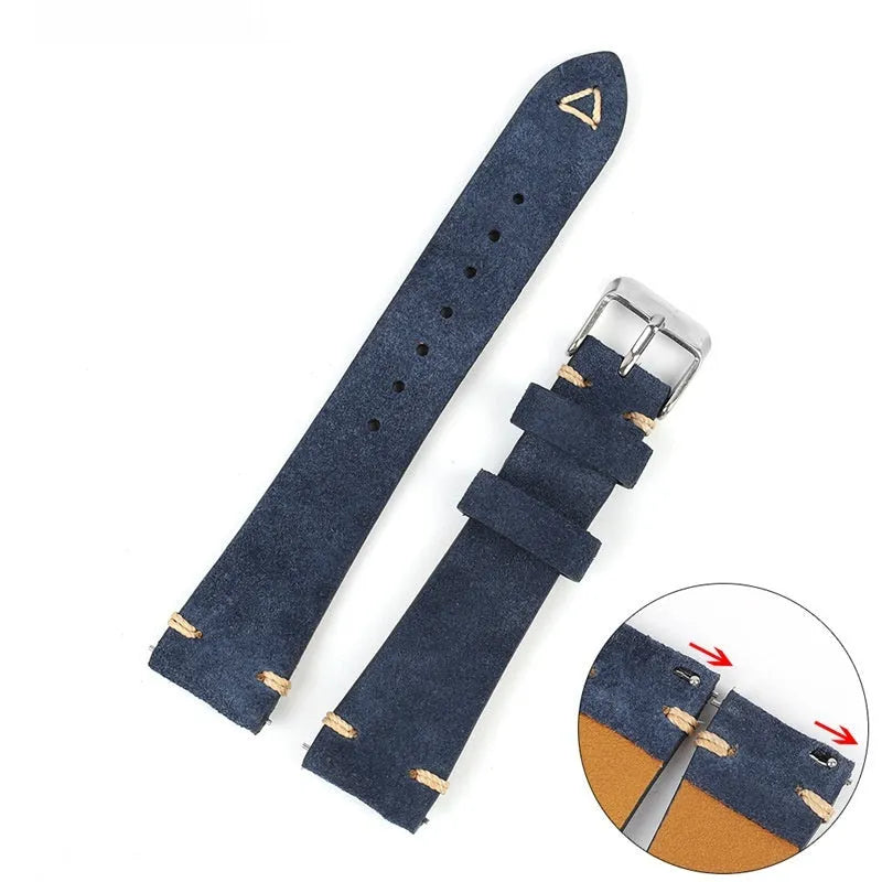 Brown suede leather watch strap showing small waist design and textured surface