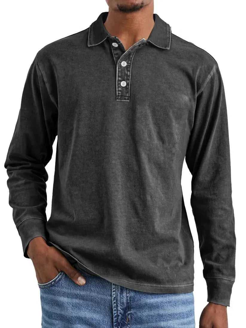 Retro washed distressed cotton lapel polo shirt in long sleeve design on mannequin