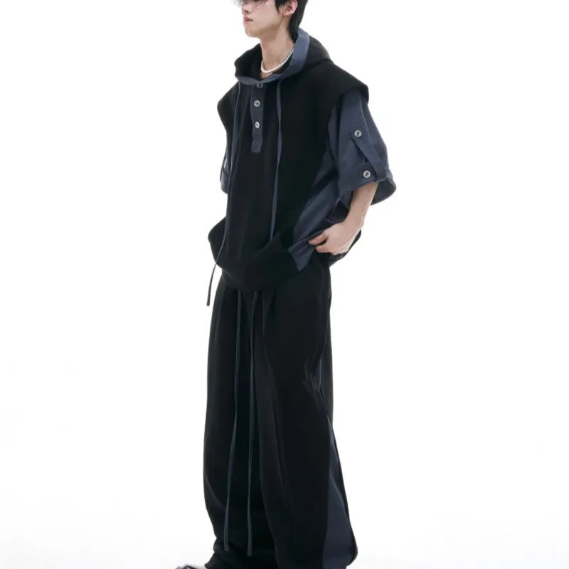 Men's black hooded short sleeve sports jacket with three-dimensional stitching and matching trousers