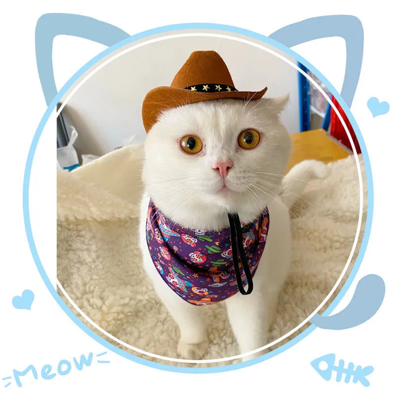 British cowboy-style hat for a cat on a mannequin head, showing brown colour with a black ribbon trim.