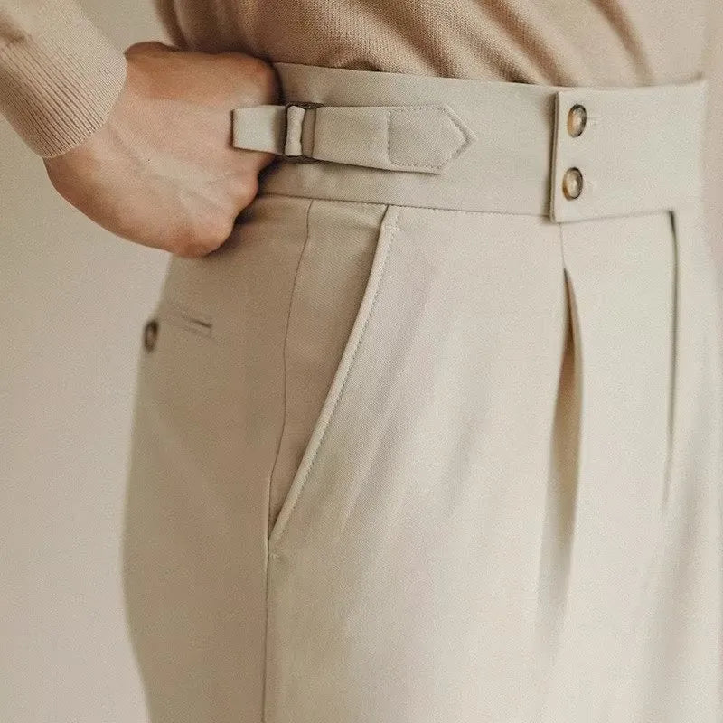 Men's slim fit straight leg formal trousers in apricot, black and white colours.