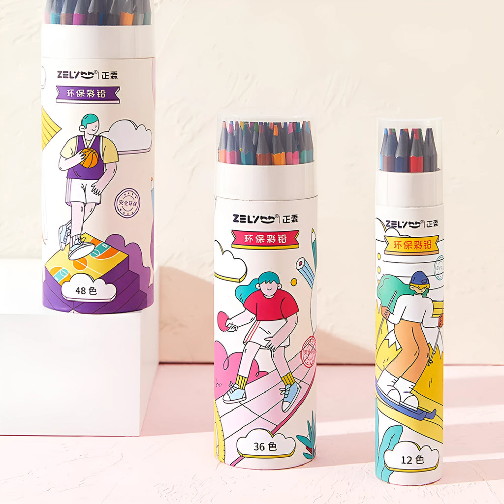 Zhenglin Sports Series coloured pencils set in a paper barrel, showing multiple colour options.