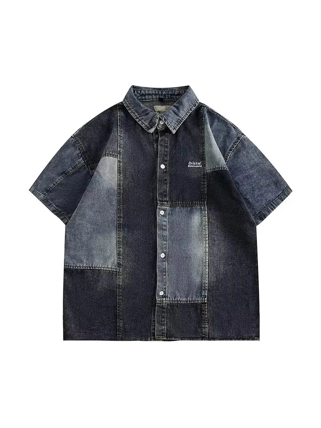 Blue Japanese-style loose fit denim shirt for men with washed stitching detail