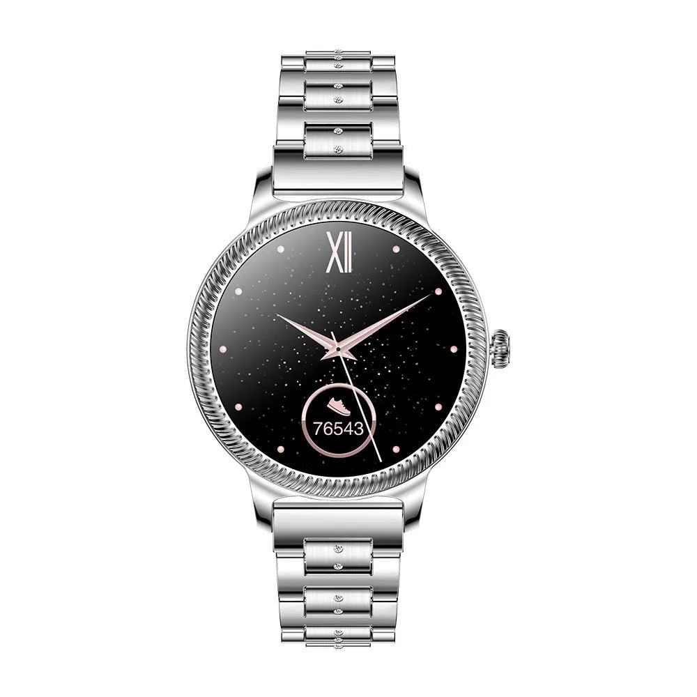 AK38 ladies smart watch with stainless steel Milanese band and 1.09-inch colour screen displayed on a wrist.