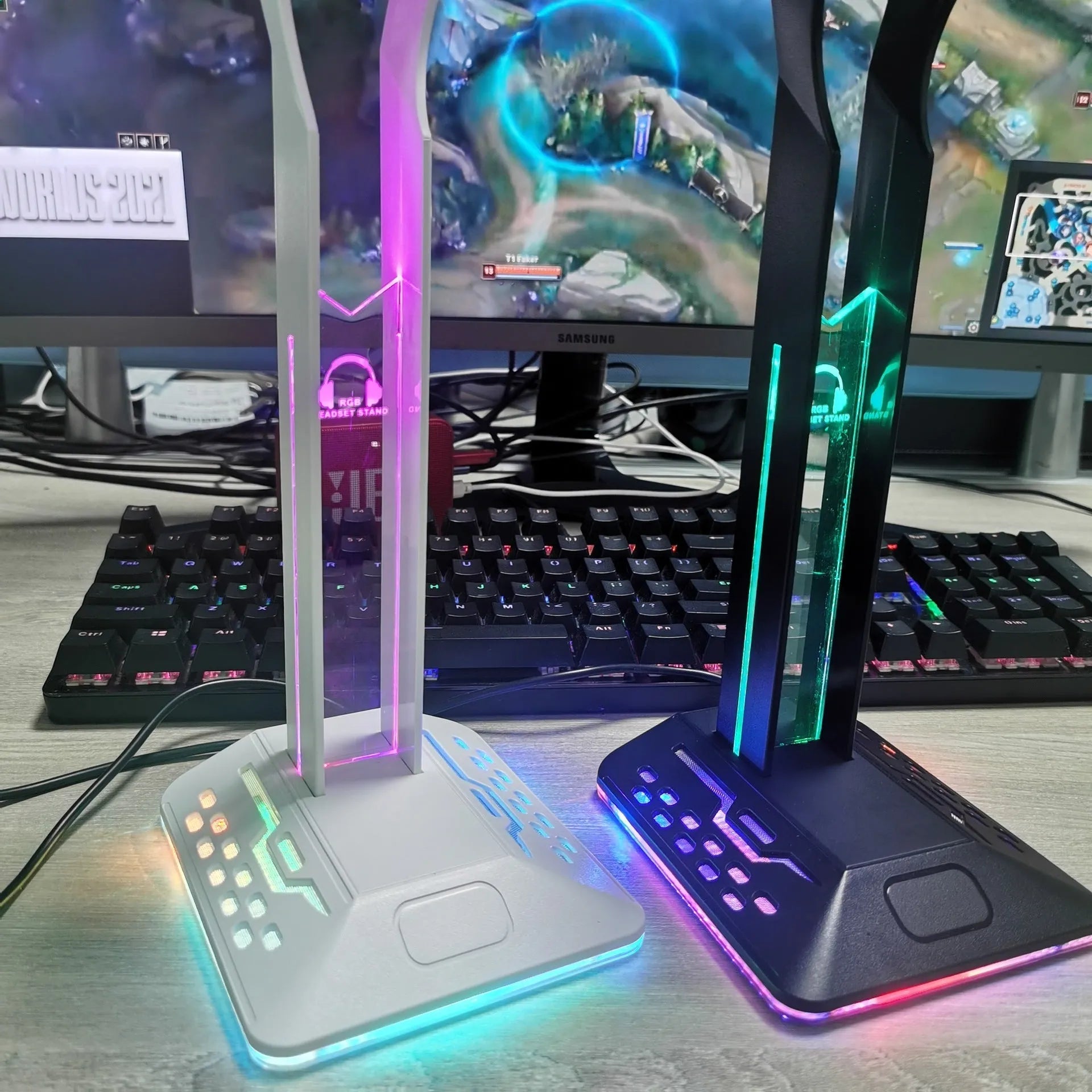 Headset display rack with RGB lighting and dual USB ports on a desk