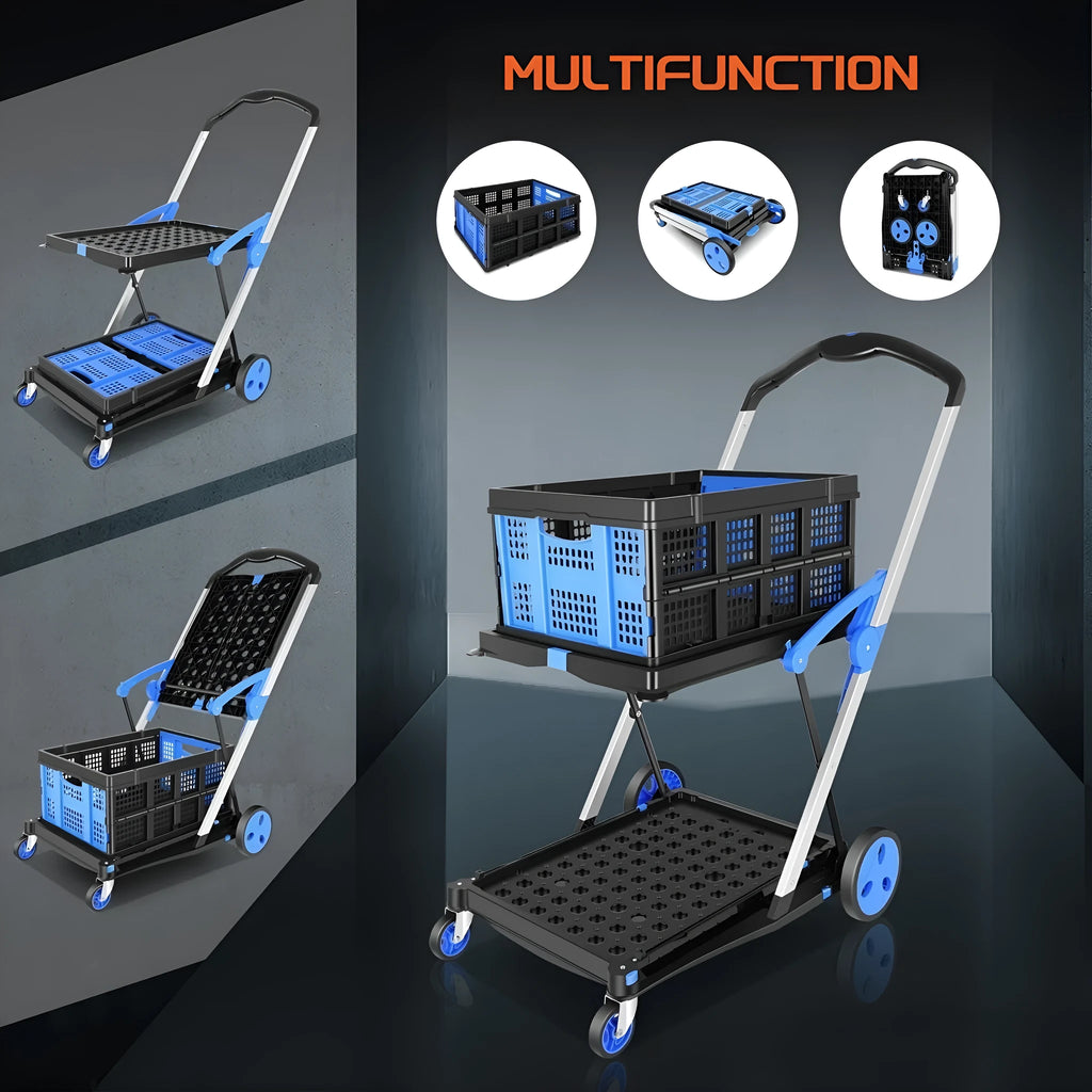 Blue foldable shopping cart with two plastic baskets and wheels, shown in an open, ready-to-use position.